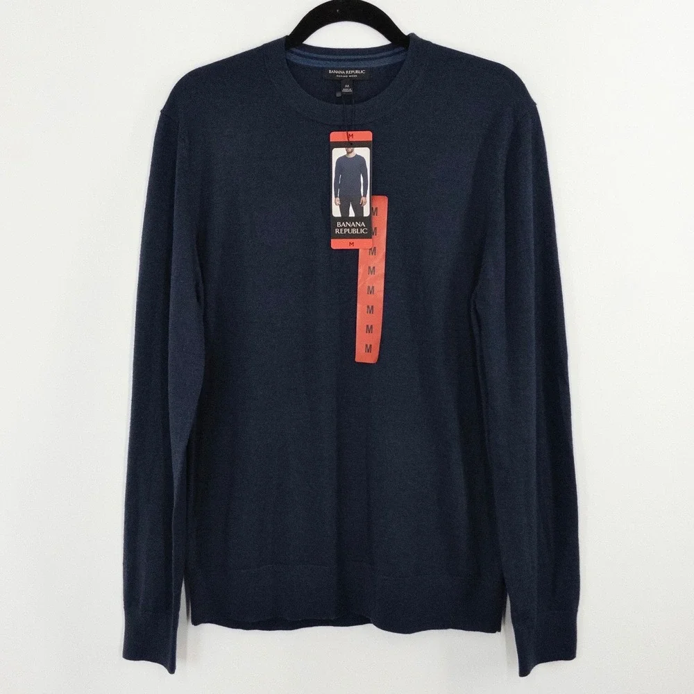 Banana Republic Merino Wool Sweater Men's Medium Navy Crew Neck Lightweight NWT
